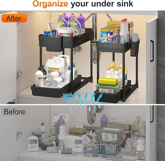 Under Sink Organizer, Bathroom Organizers and Storage, 2 Tier Multi-Use Pull Out Cabinet Organizer with Hang Hooks and Cups (Black, 2 Pack)
