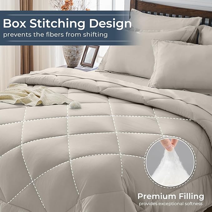 HEVUMYI Oatmeal Full Comforter Set - 7-Piece All Season Bed in a Bag Full, Ultra Soft Bedding Set with Comforter, Flat Sheet, Fitted Sheet, Pillowcases, Pillow Shams