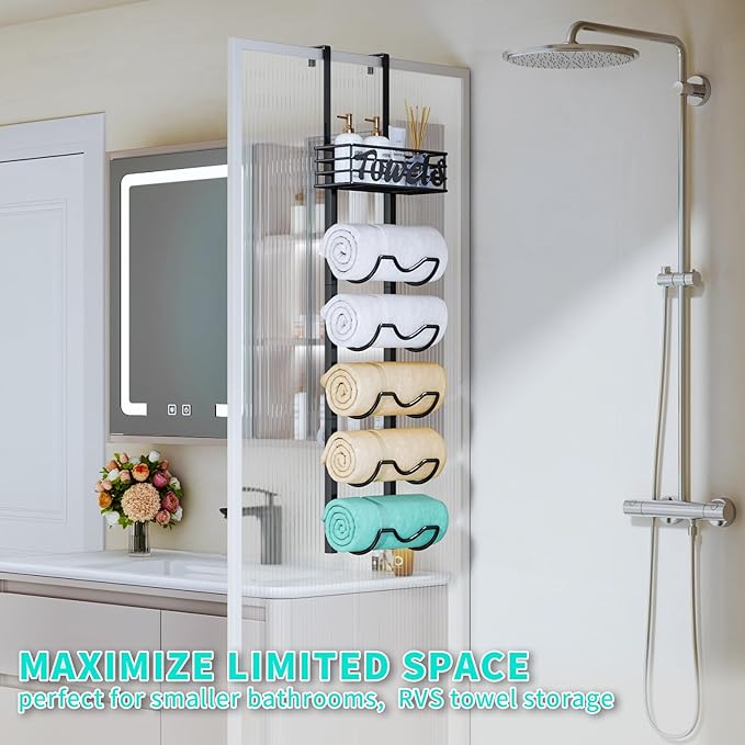HapiRm Over The Door Towel Rack - 6 Tier Wall Mount Rolled Towel Holder Storage Organizer Shelf with Storage Basket for Small Bathroom, Rv, Camper - Black