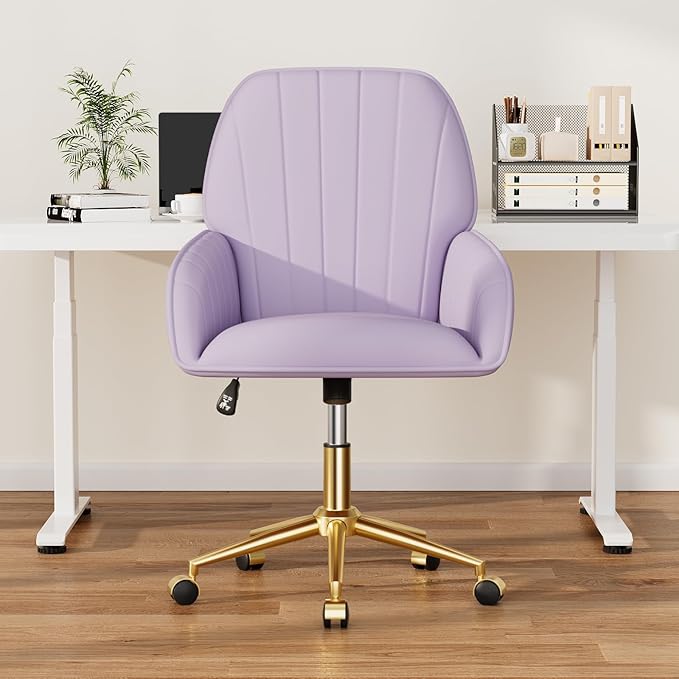 Home Office Desk Chair Comfy with Adjustable Swivel Wheels, Modern Velvet Makeup Vanity Chair with Back & Pillow, Ergonomic Office Chair Computer Task Chair for Living Room, Bedroom, Purple
