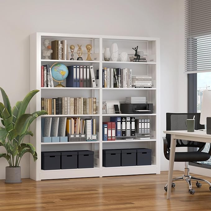 5 Tier Metal Bookshelf, 69" Tall Bookcase with Adjustable Storage Shelves, Heavy Duty Metal Book Shelf Organizer for Living Room, Office, Library, Including Book Stoppers (White, Set of 2)