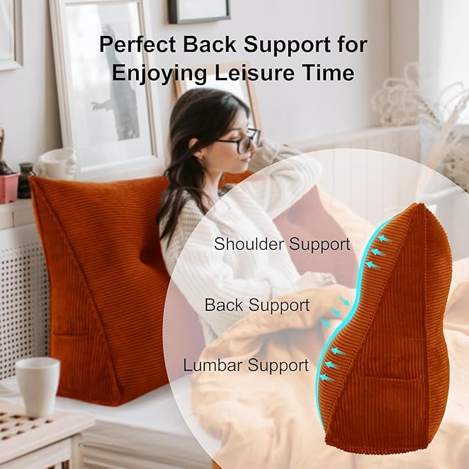 WOWMAX 100% Cotton Corduroy Headboard Pillow – King Size Back Support Reading Wedge for Bed & Daybed, Plush Handmade Bolster Cushion with Removable Cover, Cozy Bed Rest Pillow, Rusty Orange
