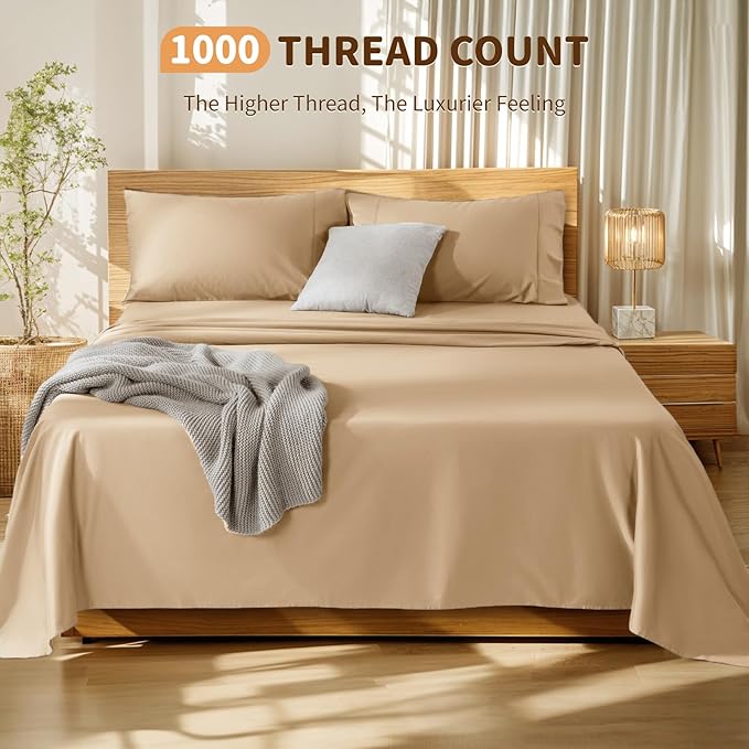LBRO2M 100% Cotton Sheets Set Deep Pocket 19", 1000 Thread Count Queen Size 4 Piece Bed Sheet Sets Soft Comfortable Bedding All Season (Queen, Cream)