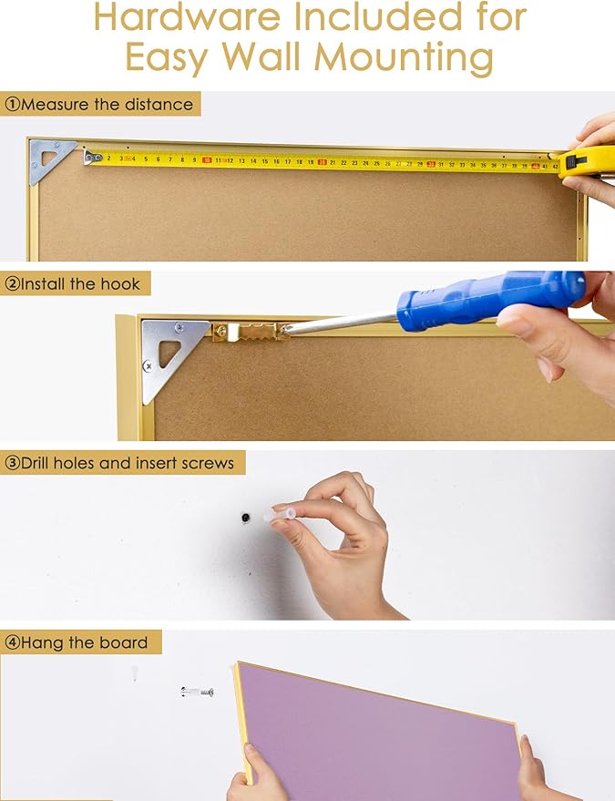 Bulletin Board 30 x 20 inches, Mystic Violet Pin Board, Golden Aluminum Framed Fabric Cork Board with 10 Push Pins