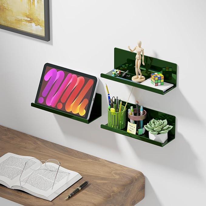 Adhesive Floating Shelves for Wall No Drilling, 12 Inch Acrylic Self Adhesive Shelves, Stick on Shelves, Dorm Wall Shelf, for Bathroom, Kitchen, Bedroom, Office, Gaming Room, Green