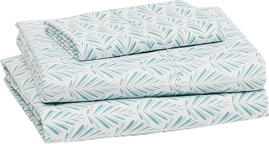 Amazon Basics Lightweight Super Soft Easy Care Wrinkle Free Microfiber 3 Piece Bed Sheet Set with 14-Inch Deep Pockets, Twin, Aqua Fern, Floral, Kids, Men & Women Bedding AmazonBasics