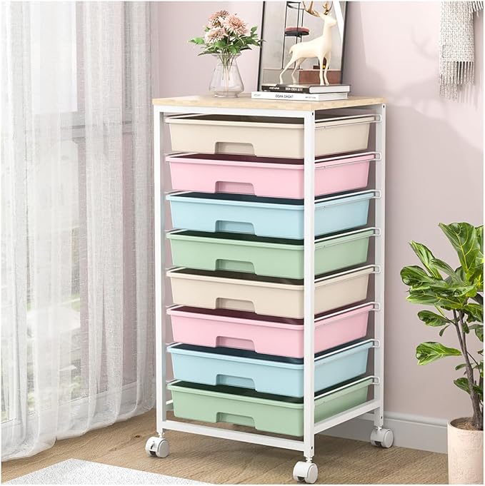 Rolling Storage Cart with Drawers,Utility Cart With 8 Drawers and Wooden Tabletop,Rolling Drawer Cart,Storage Drawer Cart for Living Room,Classroom,Bedroom,Bathroom,Dorm,Office,Rainbow