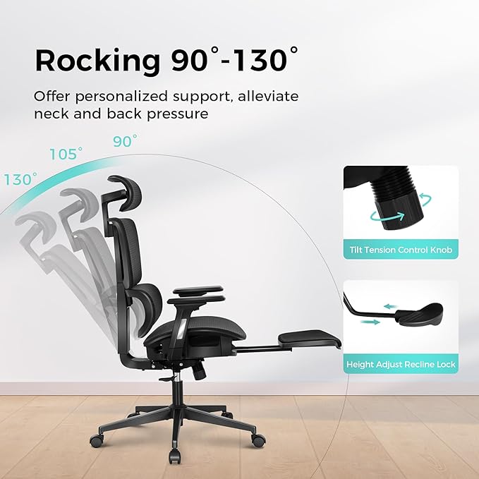 ALPHA HOME Ergonomic Office Chair with footrest, High-Back Mesh Computer Chair with Lumbar Support, Adjustable Height&Headrest&Flip-up Armrest, 360° Swivel Wheels, SGS Certified