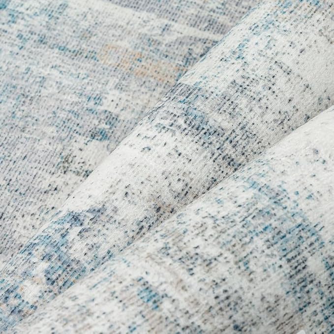3x8 Washable Runner Rug Blue Cream Abstract Hallway Kitchen Throw Rug Neutral Modern Non Slip Soft Low Pile Lightweight Carpet for Bathroom Laundry Bedroom Living Room