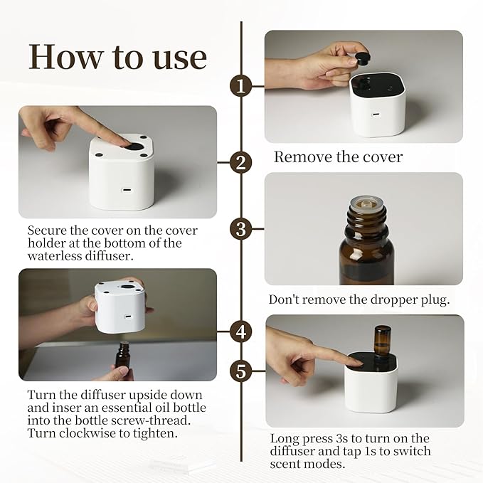 Waterless Essential Oil Diffuser,Portable Scent Diffuser with Battery Operated,3 Mist Modes,Fast Charging,Mini Aromatherapy Diffusers for Home,Bedroom,Office,Includes 10ml Essential Oil,White