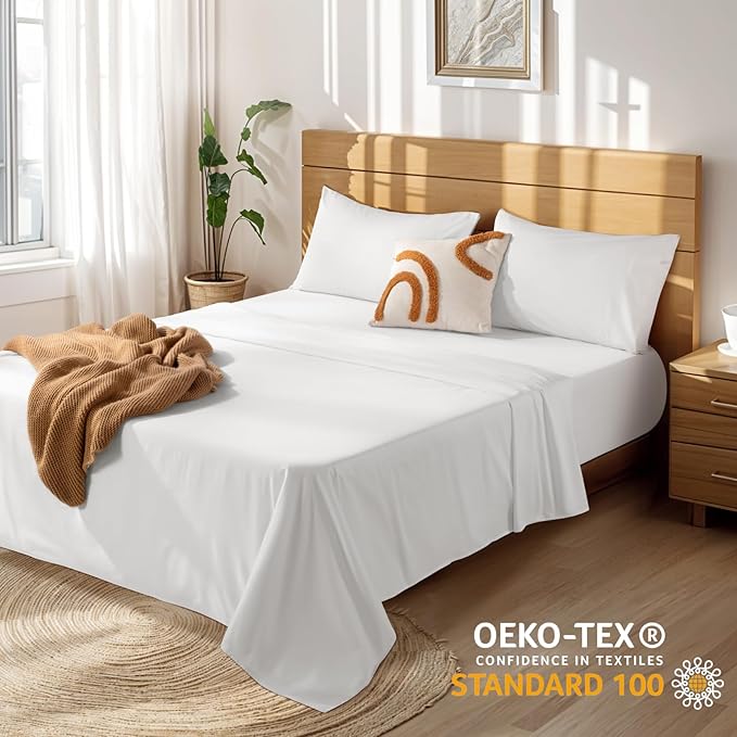 LBRO2M 100% Cotton Sheets Set Deep Pocket 19", 1000 Thread Count Full Size 4 Piece Bed Sheet Sets Soft Comfortable Bedding All Season (Full, White)