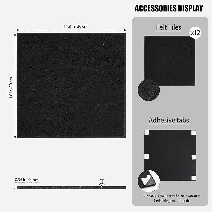 12 Pack Cork Boards for Walls, 48" x 36" Large Felt Wall Tiles, Black Bulletin Board Paper with Safe Removable Adhesive Tabs, Pin Corkboard for Office Home Decor