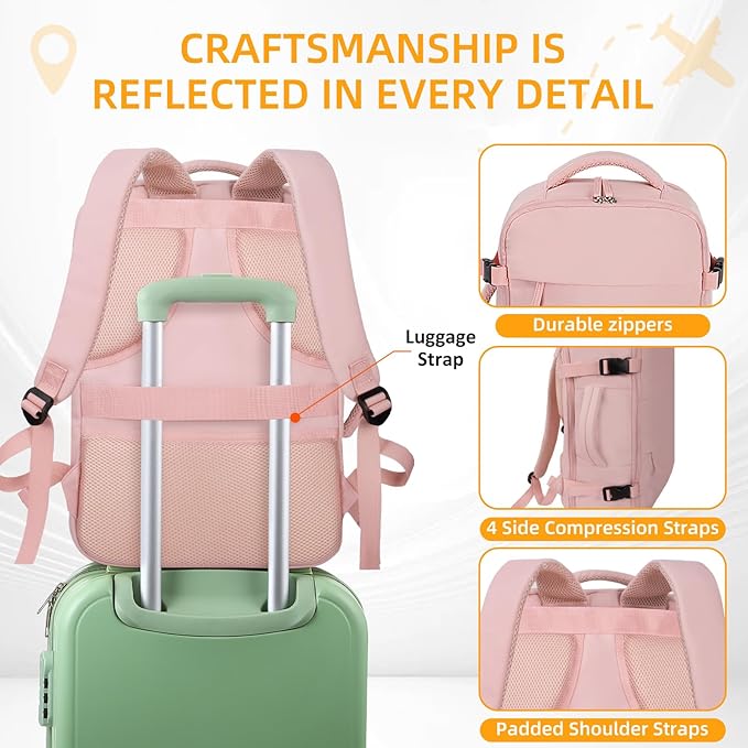 Travel Backpack For Women Men Airline Approved Carry On Backpack, Waterproof Outdoor Sports Rucksack Weekender Overnight College Business Backpack Fits 17 Inch Laptop - Pink