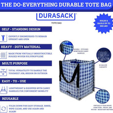 DURASACK Heavy Duty Storage Tote Bag 22-Gallon Rugged Woven Polypropylene Moving Bag, Reusable Self-Standing Design, Holds up to 500 Pounds, Pack of 4, Gingham Multicolored