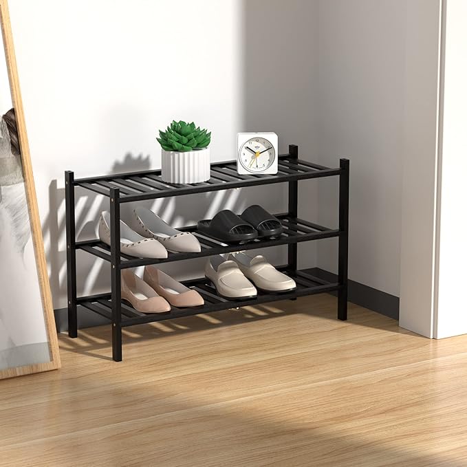 RONGJlA 3 Tier Bamboo Shoe Rack for Closet Free Standing Wood Shoe Shelf Storage Organizer for Entryway Small Space Stackable, Black