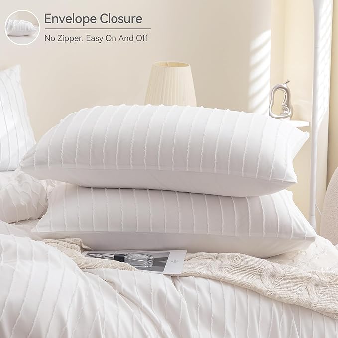 JELLYMONI Bright White Duvet Cover Full Size - 3PCS Microfiber Tufted Duvet Cover Set, Boho Striped Tufted Textured Duvet Cover with Corner Ties & Zipper Closure