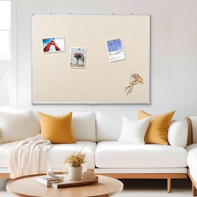 DOLLAR BOSS Foldable Linen Board, 48 x 36 Inch Corkboard, Large Bulletin Board, Portable Double Sided Aluminum Frame Wall Mounted Pin Board for Office School Dorm Supplies with 20 Push Pins, White