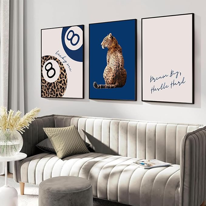 Navy Blue 3 Pcs Leopard Print Wall Art Cheetah animal prints 8 Ball Lucky Me pictures Trendy Wall decor Y2k aesthetics painting artwork for Apartment Dormitory College style Decoration,12x16in Poster