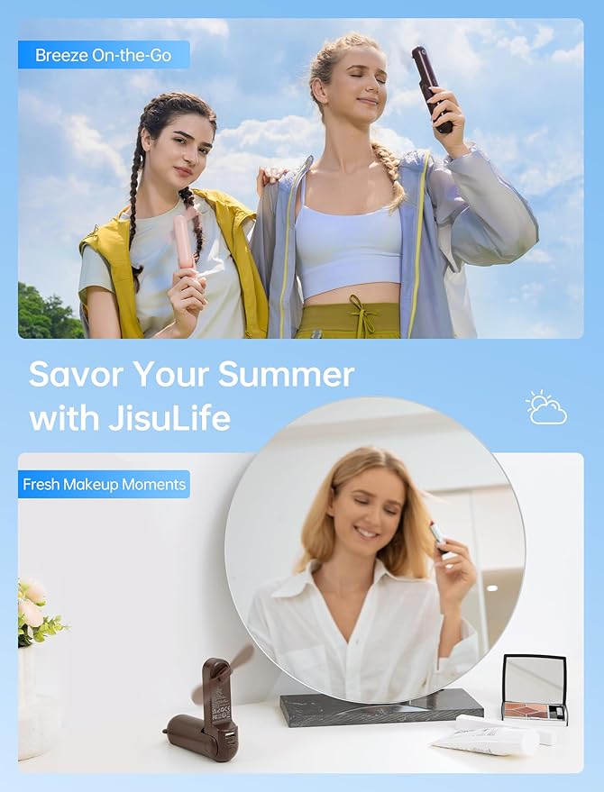 JISULIFE Handheld Mini Fan, 3 IN 1 USB Rechargeable Portable Fan [12-19 Working Hours] with Power Bank, Flashlight, Pocket Design for Travel/Summer/Concerts/Lash, Gifts for Women (Brown)