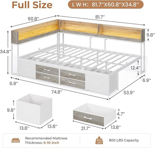 VIAGDO Corner Bed Frame Full with Storage Bookcase and 6 Drawers, Metal Platform Corner Bed Frame with LED Lights and Charging Station, Full Daybed for Kids Teenagers, White & Grey