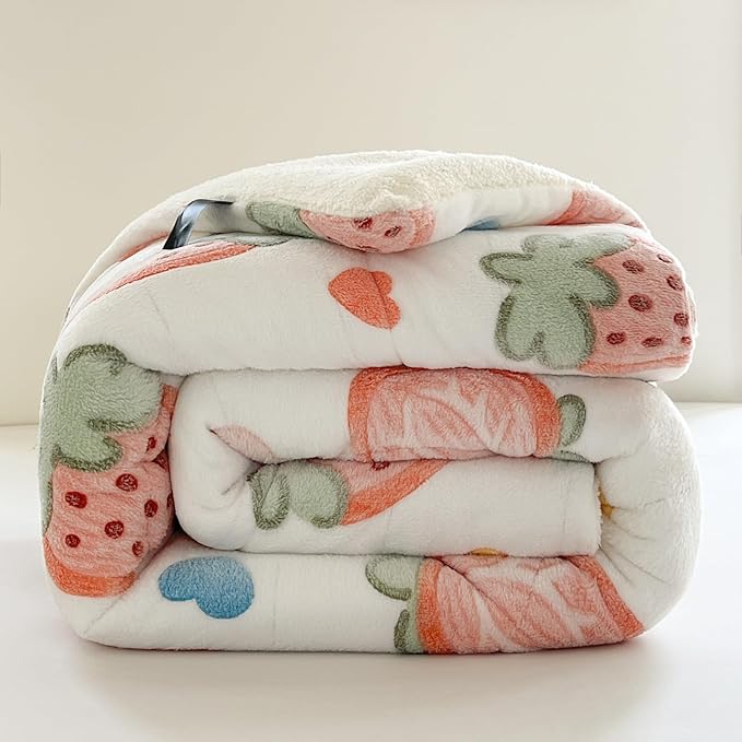 Strawberry Print Fleece Comforter Set - 3 Piece Queen Size Thick Fluffy Comforter for Her Girls Women, Plush, Cozy & Warm,Soft Bedding Bedroom Decor for Winter (1 Comforter + 2 Pillow Shams)