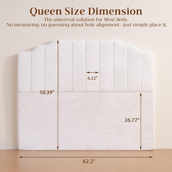 Queen Headboard Only - Beige Velvet Upholstered Headboard for Bed, No Assembly Required, Pure Sponge Design, Place Between Bed & Wall, Vertical Stripe with Stepped Crown Top Edge