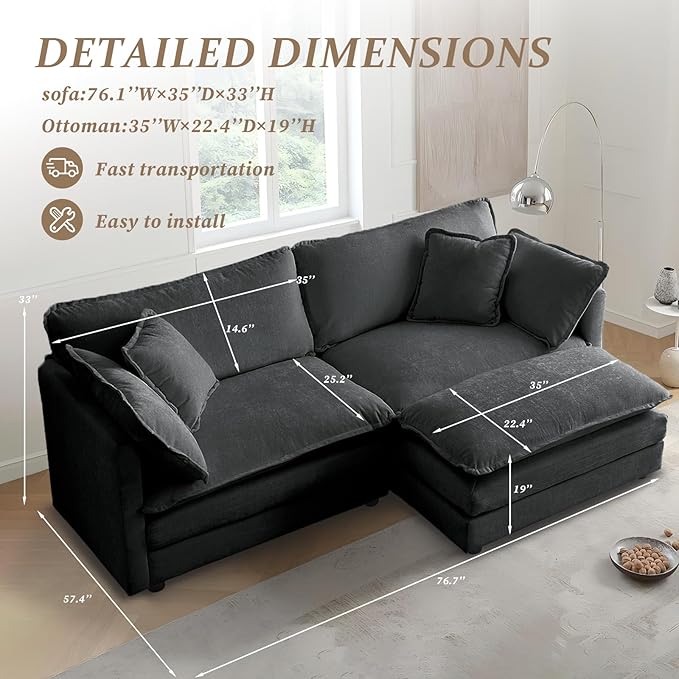 SoarFlash Chenille Sectional Sofa, Comfy L Shaped Modular Coush Sofa with Ottoman, Modern 2 Seat Couch Deep Seat Sofa Set for Living Room,Grey