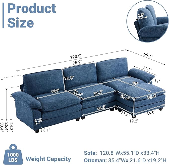 VINGLI 121" Cloud Linen Couch, Comfy Modular Sectional Sofa Set for Living Room,Modern 3-Seat Convertible Loveseat Sofa with 1 Ottoman for Small Space, Blue