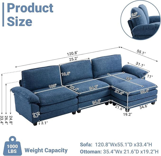 VINGLI 121" Cloud Linen Couch, Comfy Modular Sectional Sofa Set for Living Room,Modern 3-Seat Convertible Loveseat Sofa with 1 Ottoman for Small Space, Blue