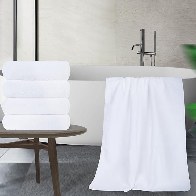 POLYTE Microfiber Quick Dry Lint Free Bath Towel, 57 x 30 in, Pack of 4 (White)