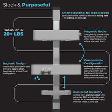 Rust Resistant Hygienic Shower Caddy – Hanging Bathroom Organizer with Adjustable Shelves, Easy Clean Trays & Magnetic Hooks for DIY Remodels & Shower Niches - Graphite
