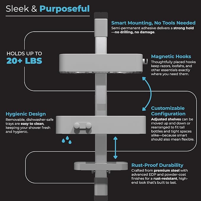 Rust Resistant Hygienic Shower Caddy – Hanging Bathroom Organizer with Adjustable Shelves, Easy Clean Trays & Magnetic Hooks for DIY Remodels & Shower Niches - Graphite