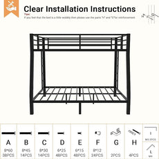 Full XL Over Queen Bunk Bed, Metal Bunk Bed Frame Heavy Duty Bunk Beds Loft Bed Frame with Ladder and Guardrail Metal Slats No Box Spring Required for Adults Teens, Black