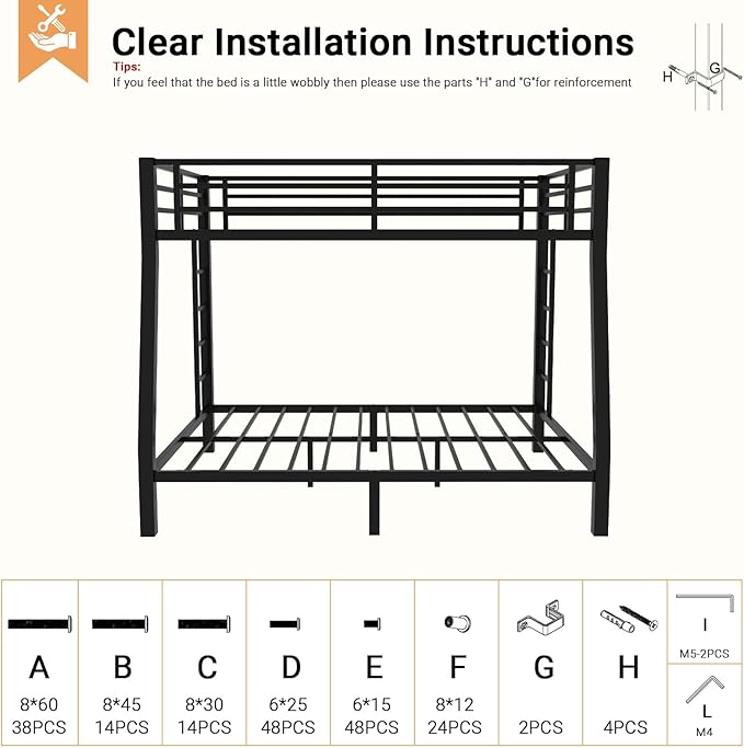 Full XL Over Queen Bunk Bed, Metal Bunk Bed Frame Heavy Duty Bunk Beds Loft Bed Frame with Ladder and Guardrail Metal Slats No Box Spring Required for Adults Teens, Black
