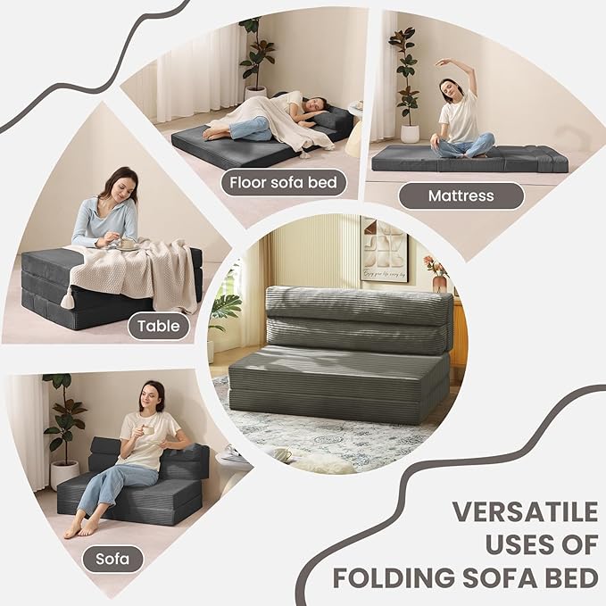 Folding Sofa Bed, Convertible Sleeper Chair with Pilow Foldable Matress, 2 in 1 Pull Out Loveseat Sofa Portable Fold Out Chair Bed Floor Couch Lounge for Living Room Bedroom (Grey, Full)
