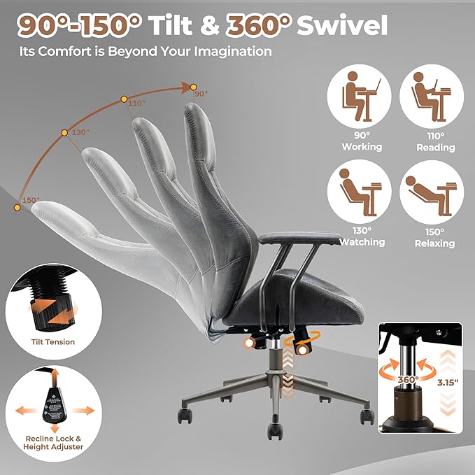 ovios Ergonomic Office Chair, High Back Faux Leather Executive Chairs with Armrests, Comfy High-Century Modern Swivel Rolling Computer Armchair (Dark Grey, Suede Leather)