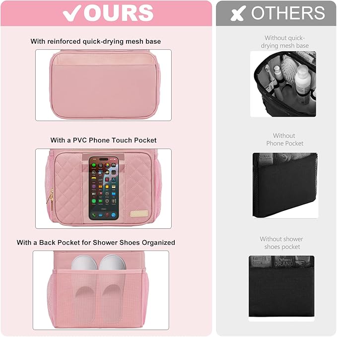 Portable Shower Caddy (Full Size Bottle Compatible),Travel Shower Tote Bag with Quick Dry Mesh Base,Hanging Toiletry Cosmetic Bag for Gym,College,Camping & Dorm, Pink