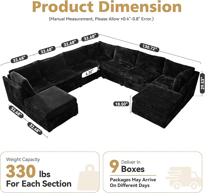 Large 9 Seat Modular Sectional Sofa with Ottoman Seat Corduroy Sleeper Sectional Sofa Bed Oversized Convertible Modular Couch for Living Room