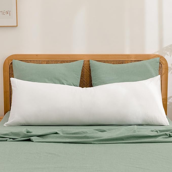 BESTOUCH 100% Washed Cotton Pillowcase for Hair and Skin Linen Feel Soft Comfortable Breathable 2 Set Pillow Case with Envelope Closure Solid Green Euro 26x26 Inches