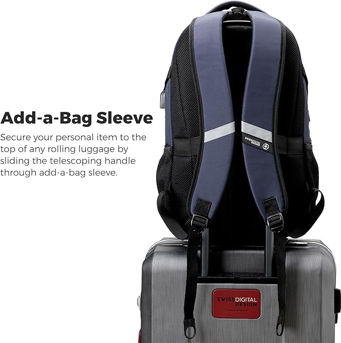 Swissdigital Design Laptop Backpack with USB Charging Port, Travel Backpack Fits 15.6 inches Computer, 31L College School Backpack for Men, Blue/Black | SD803-12