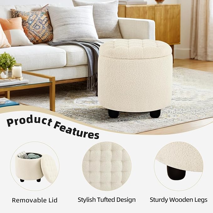 Furniliving Modern Round Storage Ottoman,Button Tufted Ottoman Footstool Ottomans with Removable Lid Storage Stool for Living Room, Bedroom, Makeup Room, Faux Fur, White