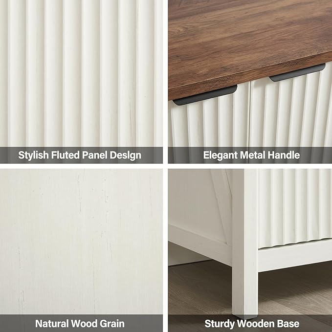 32 Fluted Sideboard Storage Cabinet Buffet - 7-Level Adjustable Shelves, Modern Farmhouse Rustic Kitchen Console Accent Cabinets, Coffee Bar Table for Dining Room (Antique White)