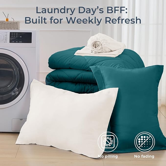 HEVUMYI Twin Comforter Set - 5-Piece All Season Bed in a Bag Twin, Ultra Soft Bedding Set with Comforter, Flat Sheet, Fitted Sheet, Pillowcases, Pillow Shams, Peacock Blue & Ivory