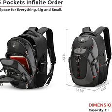 Swissdigital Design Laptop Backpack with USB Charging Port, Travel Backpack Fits 15.6 inches Computer, 31L College School Backpack for Men, Black/Grey | SD803-02