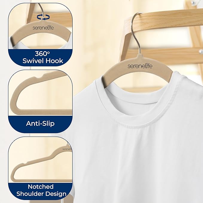 SereneLife 10 Pack Velvet Hangers - Non-Slip with 360° Swivel Hook - Ultra-Thin, Lightweight Velvet Hangers for Shirts, Sweaters, Hoodies, Kids Clothes & Dresses - Space-Saving