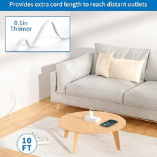 10 ft Flat Extension Cord, Flat Plug Power Strip with 6 Outlets 4 USB Ports, Wall Mounted Outlet Extender, Overload Protection for Indoor, Home, Office Supplies, Dorm Room Essentials