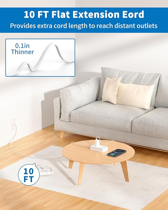 10 ft Flat Extension Cord, Flat Plug Power Strip with 6 Outlets 4 USB Ports, Wall Mounted Outlet Extender, Overload Protection for Indoor, Home, Office Supplies, Dorm Room Essentials