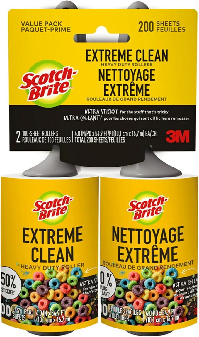 Scotch-Brite Extreme Clean Lint Roller, 50% Stickier*, Heavy Duty for Removing Debris and Pet Hair on Clothes, Furniture, Cars, Offices & More, 2 Pack, 200 Adhesive Sheets Total