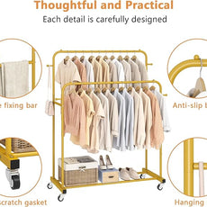 Laiensia Double Rods Garment Rack with Wheels, Clothing Rack for Hanging Clothes,4 Hooks, Multi-functional Bedroom Clothes Rack, Gold