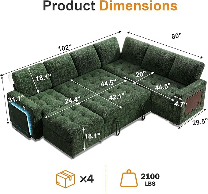 WEUP 7 Seat L Shaped Sectional Sleeper Sofa Bed with Pull Out Bed, Chenille Sectional Sleeper Couch with Ottoman, Adjustable Backrest, USB Ports, LED, Side Table, Tool-Free Assembly, Chenille Green